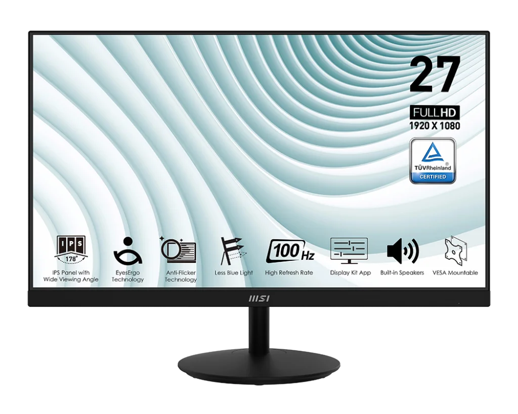MSI PRO MP271A 27″ IPS 1920 x 1080 (FHD) Office Monitor, 100Hz, 1ms, HDMI, DisplayPort, VGA Port, Black